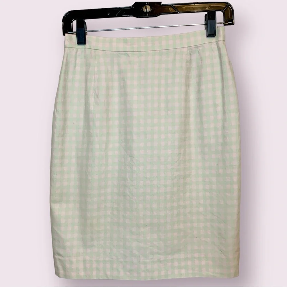 Burberry Pink & Green Gingham Check Pencil Midi Skirt Vintage Designer Size 6P